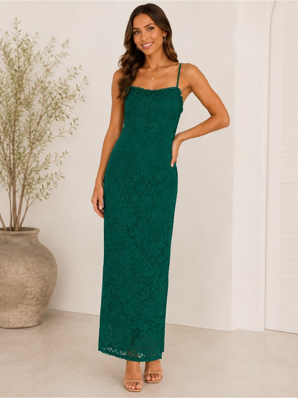 Emerald Green Lace Maxi Dress Floral Spaghetti Strap New